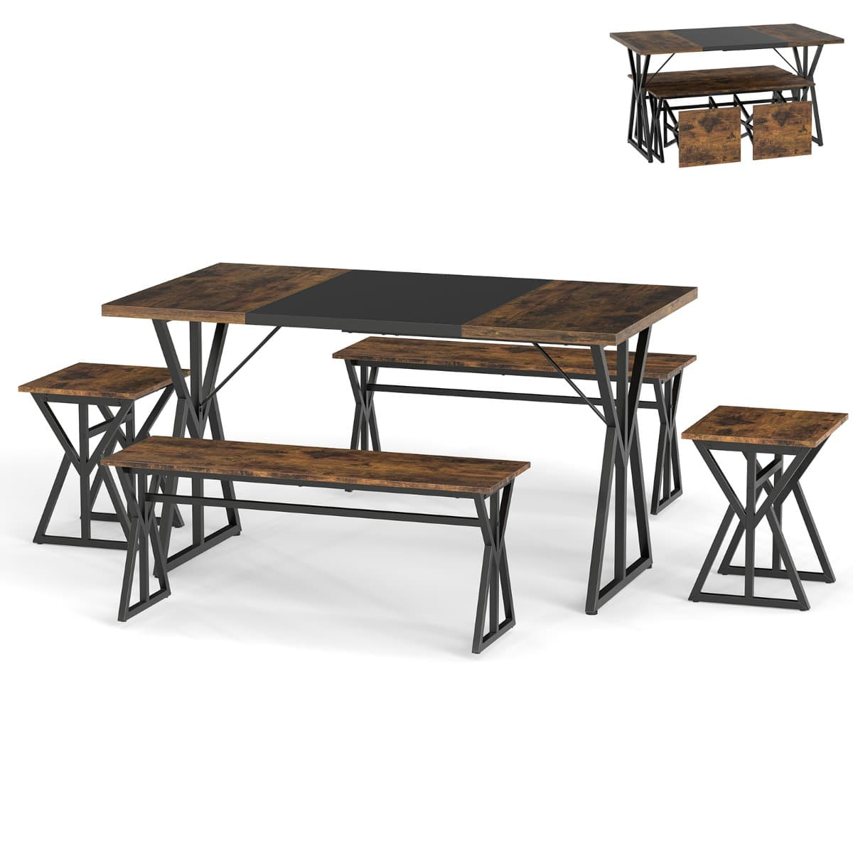 Ensemble de Salle à Manger 5 Pièces pour 4 à 6 Personnes Table de Cuisine Industrielle avec 2 Bancs