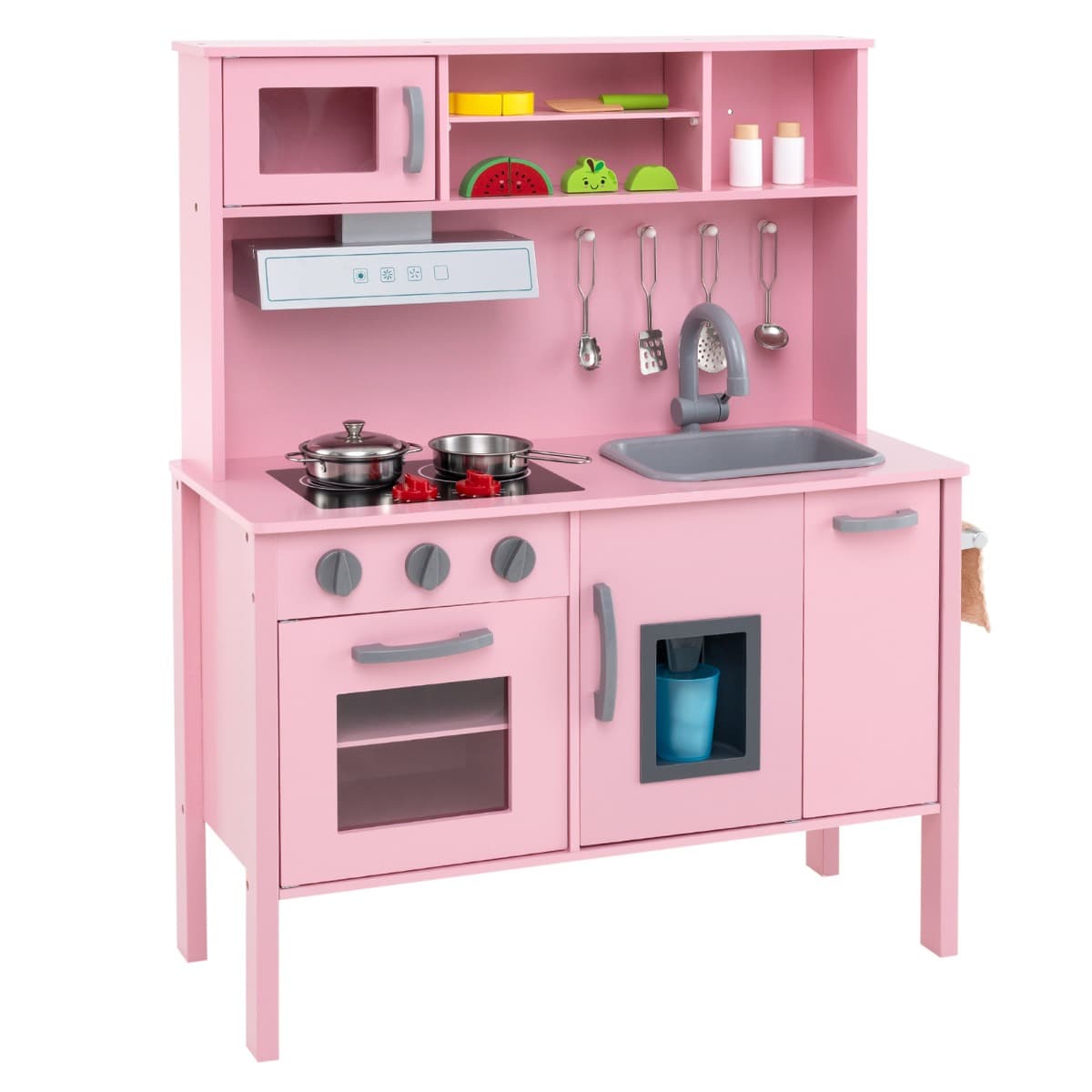 CostwayCuisine Enfants en Bois 3-6 Ans 18 Accessoires avec Évier Micro-ondes Dispositif Anti-basculement Rose