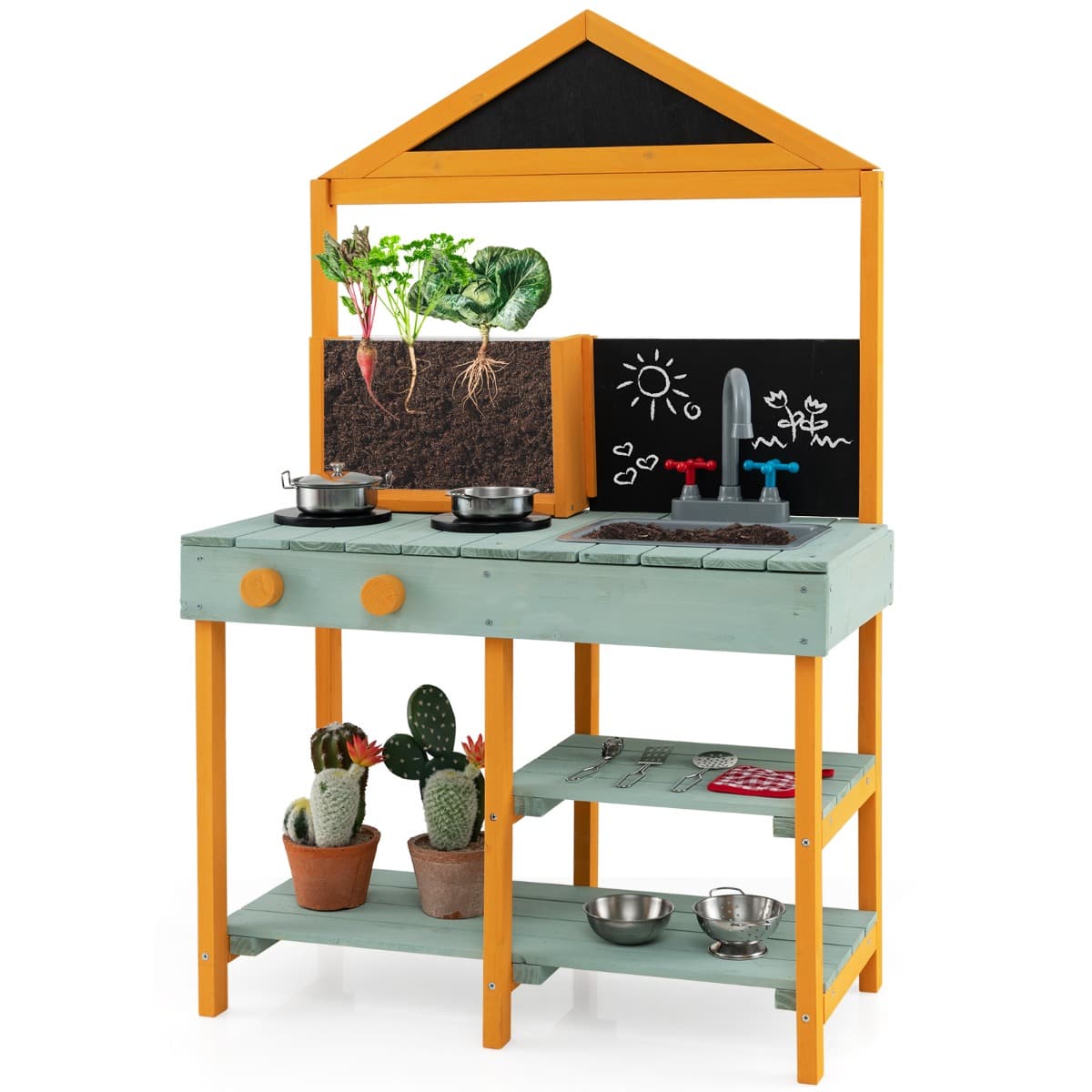 CostwayCuisine Enfants Extérieure 8 Accessoires avec Tableau Noir & Jardinière en Bois de Sapin Robinet Rotatif & Evier Amovible