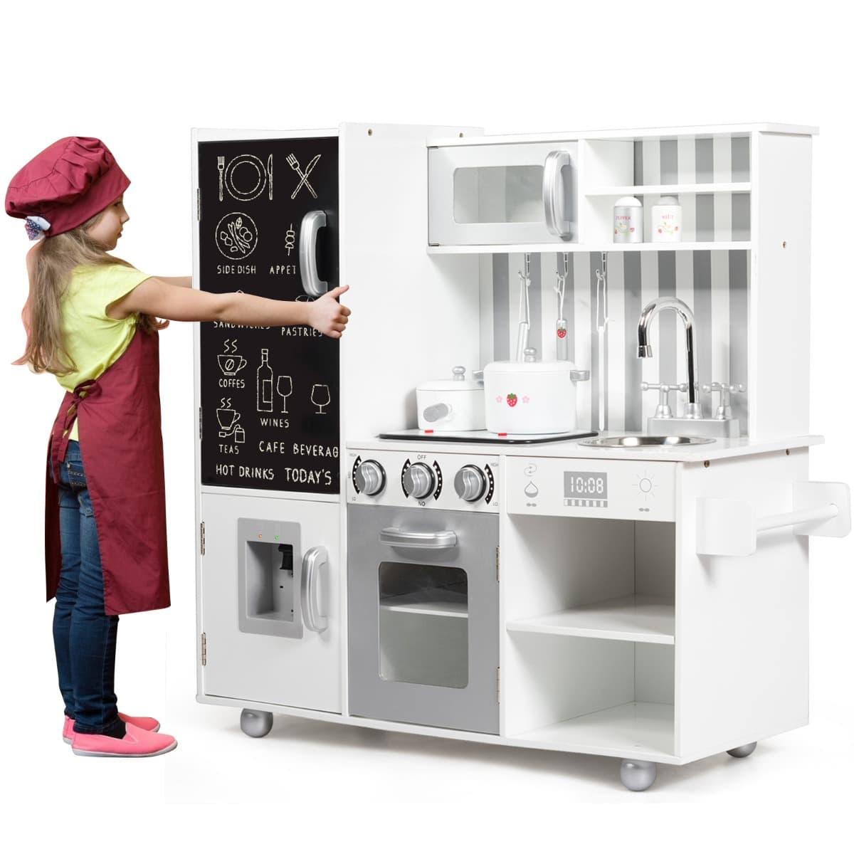 CostwayCuisine en Bois Enfants avec 7 Accessoires & Effet Sonore Cuisiniere Enfants avec Tableau Noir Réfrigérateur & Distributeur d'Eau